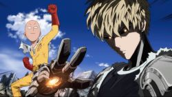 Rule 34 | 2boys, animated, animated gif, bald, black sclera, blonde hair, colored sclera, cyborg, genos, glowing, glowing eyes, multiple boys, one-punch man, saitama (one-punch man), short hair, sky, smile, standing, torn clothes