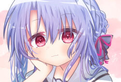 Rule 34 | 1girl, :3, black bow, blue hair, blush, bow, braid, close-up, closed mouth, commentary, crown braid, eyes visible through hair, hair between eyes, hair bow, hair ribbon, hand on own cheek, hand on own face, highres, long hair, looking at viewer, pink background, red eyes, red ribbon, ribbon, school uniform, sidelocks, signature, simple background, smile, solo, sorakado ao, summer pockets, utuigawa, white background