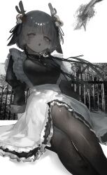 Rule 34 | 1girl, :o, absurdres, animal ears, antlers, apron, black dress, blunt bangs, commentary request, dress, fang, feet out of frame, fence, frilled skirt, frills, grey eyes, grey hair, grey pantyhose, highres, horns, juliet sleeves, long sleeves, looking at viewer, maid, maid apron, misumigumi, open mouth, original, pantyhose, photo background, puffy sleeves, short hair, sitting, skin fang, skirt, sleeve rolled up, solo