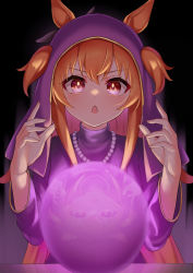 Rule 34 | 1girl, :o, absurdres, animal ears, bead necklace, beads, commentary request, crystal ball, fingernails, highres, hood, hoodie, horse ears, horse girl, jewelry, long hair, looking at viewer, mayano top gun (umamusume), necklace, open mouth, orange hair, pizza (pizzania company), purple hoodie, red eyes, solo, two side up, umamusume
