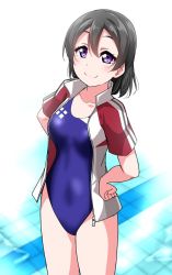 Rule 34 | 10s, 1girl, bare legs, black hair, blue one-piece swimsuit, blush, breasts, collarbone, competition swimsuit, cowboy shot, gradient background, hair between eyes, hand on own hip, high collar, jacket, large breasts, looking at viewer, love live!, love live! sunshine!!, love live! sunshine!! the school idol movie over the rainbow, one-piece swimsuit, pool, purple eyes, short hair, smile, solo, standing, swimsuit, swimsuit under clothes, tiles, track jacket, watanabe tsuki, water, white background, yopparai oni