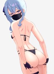 Rule 34 | 1girl, absurdres, ass, ass support, back, bad id, bad pixiv id, bikini, black bikini, black gloves, black mask, blue eyes, blue hair, blue nails, blue ribbon, bracelet, breasts, gloves, hair between eyes, hair ribbon, heart, heart-shaped pupils, highres, hololive, hoshimachi suisei, jewelry, kieharo, long hair, looking at viewer, looking back, mask, mouth mask, multi-strapped bikini, nail polish, partially fingerless gloves, ribbon, side ponytail, simple background, small breasts, solo, spread ass, star (symbol), star in eye, surgical mask, swimsuit, symbol-shaped pupils, symbol in eye, thigh strap, thighs, thong bikini, twitter username, virtual youtuber, white background
