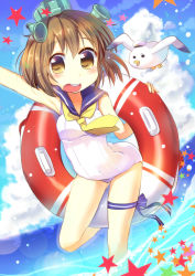 Rule 34 | 10s, 1girl, adapted costume, bird, brown eyes, brown hair, cloud, day, highres, innertube, kantai collection, nontraditional school swimsuit, one-piece swimsuit, open mouth, outdoors, sailor collar, school swimsuit, seagull, short hair, sky, solo, swim ring, swimsuit, tatsunokosso, white one-piece swimsuit, white school swimsuit, yukikaze (kancolle)