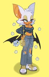 Rule 34 | 1girl, 3mia hadi3, bag, blue eyes, breasts, cleavage, crop top, dark-skinned female, dark skin, denim, floral print, flower, furry, furry female, hand on own hip, handbag, highres, jeans, jewelry, medium breasts, midriff, necklace, open mouth, pants, rouge the bat, shoes, simple background, sonic (series), torn clothes, torn jeans, torn pants, white flower, white footwear, yellow background