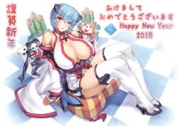 Rule 34 | 1girl, 2018, absurdres, adapted costume, alternate breast size, areola slip, ayanami rei, blue eyes, boots, breasts, center opening, checkered floor, dated, detached sleeves, dog, fingerless gloves, from side, full body, gloves, hair between eyes, halterneck, happy new year, head tilt, headgear, high heel boots, high heels, highres, huge breasts, interface headset, japanese clothes, kimono, legs together, mogudan, neon genesis evangelion, new year, no bra, plugsuit, puffy nipples, red eyes, sachiel (evangelion), shide, short hair, short kimono, sitting, thigh boots, thighhighs, thighs