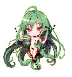 Rule 34 | 1girl, ahoge, artist name, blush, censored, chibi, closed mouth, collarbone, commentary, cthulhu, cthulhu mythos, full body, green hair, hair between eyes, hand up, long hair, looking at viewer, navel, nude, outstretched arm, personification, pointy ears, red eyes, sidelocks, slit pupils, smile, solo, sparkle, tentacle hair, transparent background, v, very long hair, yadamon (neverland)