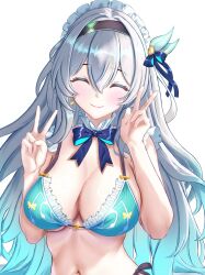Rule 34 | 1girl, ^ ^, alternate costume, aqua bikini, aqua hair, bare arms, bikini, black hairband, blue bow, blue bowtie, blush, bow, bowtie, breasts, cleavage, closed eyes, commentary, detached collar, double v, earrings, facing viewer, firefly (honkai: star rail), frilled bikini, frills, gradient hair, grey hair, hair between eyes, hairband, hands up, heart, heart earrings, highres, honkai: star rail, honkai (series), jewelry, large breasts, long hair, maid headdress, multicolored hair, navel, simple background, single earring, smile, solo, stomach, swimsuit, upper body, v, very long hair, white background, zea (zeamilky)