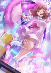 Rule 34 | 1girl, atachi mimi, breasts, commentary, dress, eyes visible through hair, female focus, hand fan, looking at viewer, one eye closed, open mouth, orange hair, pink dress, purple eyes, red footwear, red ribbon, ribbon, shoes, sinzitu, small breasts, socks, solo, v, v over eye, white socks, yu-gi-oh!, yu-gi-oh! sevens