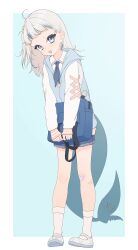 Rule 34 | 1girl, absurdres, ahoge, alternate hairstyle, bag, bandaid, bandaid on knee, bandaid on leg, blue background, blue eyes, blue hair, blue neckerchief, collared shirt, commentary, english commentary, fins, fish tail, forehead, full body, gawr gura, gawr gura (school uniform), grey hair, hair bobbles, hair ornament, head tilt, highres, hololive, hololive english, long sleeves, lucasyecla99, medium hair, multicolored hair, neckerchief, one side up, open mouth, outside border, school bag, school uniform, shark tail, sharp teeth, shirt, shoes, smile, socks, solo, standing, streaked hair, sweater vest, tail, teeth, uwabaki, virtual youtuber, white footwear, white shirt, white socks