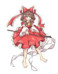 Rule 34 | adapted costume, ascot, barefoot, black hair, blush, bow, brown eyes, closed mouth, dress, frilled bow, frilled dress, frilled hair tubes, frills, full body, gohei, hair bow, hair tubes, hakurei reimu, highres, holding, holding gohei, large bow, layered dress, long sleeves, medium hair, pleated dress, primsla, red bow, red dress, sidelocks, simple background, touhou, white background, white dress, wide sleeves, yellow ascot