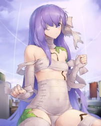 Rule 34 | 1girl, bad id, bad pixiv id, bandage on face, bandage over one eye, bandaged arm, bandaged head, bandaged leg, bandages, bare shoulders, blurry, blurry background, blush, breasts, building, city, cloud, commentary request, covered navel, dabuki, day, fate/grand order, fate (series), fingernails, giant, giantess, highres, kingprotea (fate), leaf, long hair, looking away, medium breasts, moss, one eye covered, outdoors, purple eyes, purple hair, sarashi, sitting, sky, solo, underboob, very long hair