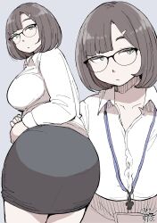 Rule 34 | 1girl, absurdres, ass, black skirt, blue eyes, breasts, brown hair, dated, glasses, hadashi no kenji, hair ornament, hairclip, highres, lanyard, large breasts, long sleeves, looking back, mature female, multiple views, office lady, original, parted bangs, shirt, simple background, skirt, solo, white shirt