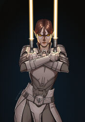 Rule 34 | 1girl, alien, armor, artist name, belt, birdyraider, black background, brown hair, cathar, colored sclera, dual wielding, energy sword, highres, holding, holding lightsaber, lightsaber, long hair, looking at viewer, pauldrons, pointy ears, shoulder armor, solo, star wars, sword, weapon, yellow lightsaber, yellow sclera