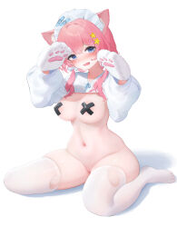 Rule 34 | 1girl, animal ears, animal hands, areola slip, blue bow, blue eyes, blush, bow, breasts, cat ears, cat girl, cat paws, chinese commentary, cleft of venus, commentary request, covered erect nipples, cross pasties, embarrassed, hair between eyes, hair bow, hair ornament, hands up, highres, large breasts, long sleeves, looking at viewer, maid headdress, navel, no panties, no shoes, open mouth, original, pantyhose, pasties, pink hair, plaid, plaid bow, pussy, shirt, shrug (clothing), simple background, sitting, solo, star (symbol), star hair ornament, stomach, thighhighs, thighs, toes, torn clothes, torn pantyhose, wariza, wavy mouth, white background, white headdress, white shirt, white thighhighs, yashemao qishi