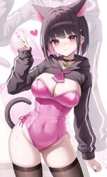 Rule 34 | 1girl, alternate costume, animal ears, arm at side, bandaid, bandaid on hand, barbell piercing, bell, black choker, black hair, black hoodie, black thighhighs, blue archive, blush, breasts, cat ears, cat girl, cat tail, chelly (glisten chelly), choker, closed mouth, colored inner animal ears, colored inner hair, commentary request, contrapposto, covered navel, cowboy shot, cropped hoodie, ear piercing, earclip, earrings, extra ears, fingernails, groin, hair ornament, hairclip, halo, hand up, heart, highres, hood, hoodie, industrial piercing, jewelry, jingle bell, kazusa (blue archive), kittysuit, large breasts, leotard, long fingernails, long sleeves, looking at viewer, multicolored hair, nail polish, neck bell, neckerchief, nontraditional playboy bunny, piercing, pink eyes, pink hair, pink halo, pink leotard, pink nails, pink neckerchief, playboy bunny, ring, short hair, side-tie leotard, sleeves past wrists, standing, strapless, strapless leotard, stud earrings, sweat, tail, thighhighs, two-tone hair, v, v-shaped eyebrows, zoom layer