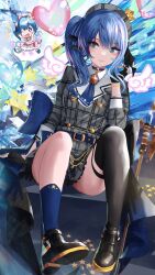 Rule 34 | arm support, belt, beret, blue choker, blue eyes, blue hair, boots, choker, crown, dress, gloves, hair ribbon, hat, heart, highres, hololive, hoshimachi suisei, jacket, looking to the side, mini crown, multicolored eyes, one eye closed, open mouth, partially fingerless gloves, pink dress, plaid, plaid headwear, plaid jacket, ribbon, side ponytail, sitting, solo, star (symbol), star bracelet, star choker, star in eye, symbol in eye, thighs, virtual youtuber, white gloves, yusuke (shiota)