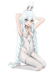 Rule 34 | 1girl, absurdres, animal ears, armpits, arms behind head, azur lane, blue eyes, blue hair, blush, braid, breasts, fake animal ears, full body, highres, le malin (azur lane), le malin (listless lapin) (azur lane), leotard, light blue hair, long hair, looking at viewer, medium breasts, mianbaoren, official alternate costume, open mouth, pantyhose, playboy bunny, presenting armpit, rabbit ears, seiza, shoes, sidelocks, sitting, solo, thighs, twin braids, very long hair, white background, white footwear, white leotard, white pantyhose