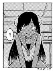 Rule 34 | 1girl, 1koma, a (phrase), artist name, comic, dark-skinned female, dark skin, dated, greyscale, headgear, i-400 (kancolle), indoors, kantai collection, kawashina (momen silicon), long hair, looking at viewer, monochrome, neckerchief, sailor collar, sailor shirt, school swimsuit, shirt, smile, solo, straddling, swimsuit, swimsuit under clothes, translated, upper body