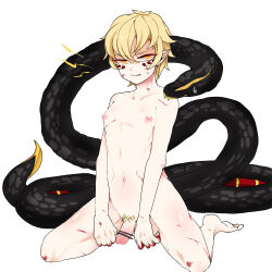 Rule 34 | 1boy, angry, bishounen, blonde hair, blood, blood on hands, bruise, bruise on arm, bruise on face, bruise on leg, bruise on neck, censored, collarbone, completely nude, eye tattoo, facial mark, full body, furrowed brow, hair between eyes, hannya (onmyoji), highres, injury, kneeling, legs apart, looking at viewer, male focus, moto mitsuashi, navel, nipples, nude, on floor, onmyoji, orange eyes, parted lips, penis, pointless censoring, pointy ears, pubic hair, scratched, scratches, shaded face, short hair, sidelocks, simple background, sitting, slit pupils, snake, solo, sweatdrop, tagme, tattoo, tattoo on face, tattoo under eye, trap, wariza, white background