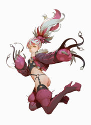 Rule 34 | 1girl, ass, boots, breasts, claws, commentary, crop top, cropped jacket, from behind, full body, fur trim, grey background, high heel boots, high heels, highres, jacket, jumping, long hair, long sleeves, looking at viewer, looking back, multicolored hair, original, parted lips, pink hair, pink jacket, platform footwear, ponytail, purple footwear, silver hair, simple background, small breasts, solo, spikes, thigh boots, thighhighs, timbougami, two-tone hair, white background, yellow eyes