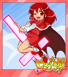 Rule 34 | 1girl, above clouds, adapted costume, blue sky, blush, bobby socks, border, brown footwear, cape, cloud, cross, day, food, fruit, glowing, legs, long sleeves, looking at viewer, okazaki yumemi, one eye closed, red border, red hair, red skirt, red theme, red vest, riding, shirt, shoes, short hair, skirt, skirt set, sky, smile, socks, solo, strawberry, thighs, touhou, touhou (pc-98), vest, white shirt, winn
