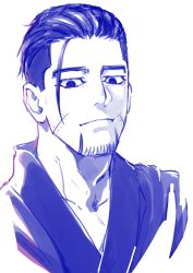 Rule 34 | 1boy, blue theme, closed mouth, facial hair, scar on face, goatee, golden kamuy, hair strand, isa (peien516), japanese clothes, kimono, looking at viewer, male focus, monochrome, ogata hyakunosuke, scar, scar on cheek, scar on face, short hair, simple background, sketch, solo, upper body