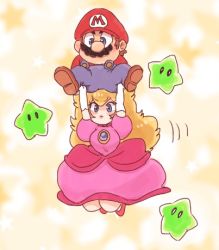 Rule 34 | 1boy, 1girl, blonde hair, blue eyes, brooch, brown footwear, dress, elbow gloves, facial hair, gloves, hat, jewelry, lifting person, long hair, lowres, mario, mario (series), motion lines, mustache, nintendo, nm qi, overalls, pink dress, pink footwear, princess peach, puffy short sleeves, puffy sleeves, red headwear, red shirt, shirt, shoes, short sleeves, star (symbol), super mario 3d world, white gloves