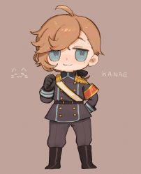 Rule 34 | 1boy, :3, ahoge, armband, black bow, black footwear, black gloves, black jacket, black pants, blue eyes, boots, bow, brown background, brown hair, character name, chibi, closed mouth, epaulettes, eyebrows hidden by hair, full body, gloves, hair bow, highres, jacket, kanae (nijisanji), kiduta cielo, long sleeves, low ponytail, male focus, military, military jacket, military uniform, mole, mole under eye, nijisanji, pants, ponytail, simple background, solo, standing, uniform, virtual youtuber