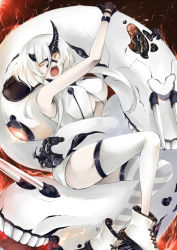 Rule 34 | 10s, 1girl, abyssal ship, breasts, cleavage, colored skin, glowing, glowing eyes, heavy cruiser princess, hiba (p-p-purin), horns, kantai collection, large breasts, long hair, open mouth, solo, thigh strap, underboob, white hair, white skin, yellow eyes