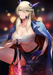 Rule 34 | 1girl, absurdres, artoria pendragon (fate), artoria pendragon (lancer alter) (fate), belt, black skirt, blonde hair, blue coat, braid, breasts, claws, cleavage, coat, coat on shoulders, collarbone, commission, fate/grand order, fate (series), french braid, hair between eyes, highres, horns, large breasts, long hair, looking at viewer, navel, pixiv commission, rororo, sidelocks, skirt, thigh strap, thighs, yellow eyes