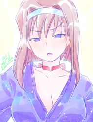 Rule 34 | 1girl, absurdres, annoyed, breasts, brown hair, cleavage, highres, japanese clothes, kanzaki sumire, large breasts, looking at viewer, open mouth, purple eyes, sakura taisen, sega, short hair, traditional media