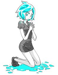Rule 34 | 1other, :o, aqua eyes, aqua hair, aqua theme, bare arms, bare legs, belt, colored eyelashes, crystal hair, from side, full body, gem uniform (houseki no kuni), hands up, high collar, houseki no kuni, karaagetarou, kneeling, light particles, loafers, looking at viewer, necktie, other focus, own hands together, parted lips, phosphophyllite, puffy short sleeves, puffy sleeves, shoes, short hair, short sleeves, shorts, signature, simple background, solo, spot color, steepled fingers, tiptoes, white background, wing collar