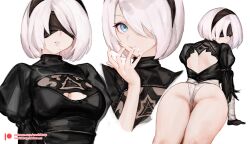 Rule 34 | 1girl, ass, back cutout, black blindfold, black gloves, black hairband, blindfold, blue eyes, breasts, cleavage cutout, clothing cutout, gloves, hairband, juliet sleeves, licking, licking finger, long sleeves, lying, medium breasts, mole, mole under mouth, multiple views, nashidrop, nier:automata, nier (series), on stomach, paid reward available, parted lips, partially visible vulva, puffy sleeves, short hair, suggestive fluid, thighs, white hair, 2b (nier:automata)