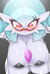 Rule 34 | absurdres, alternate color, arms up, bent over, black thighhighs, blue hair, blue skin, blush, bob cut, breasts, bright pupils, closed mouth, coat, collarbone, colored skin, cowboy shot, creatures (company), ddingyong, dr. voir (nanosheep), game freak, gardevoir, gen 3 pokemon, glasses, grey background, hair between eyes, hair ornament, hairclip, hanging breasts, happy, highres, huge breasts, lab coat, leaning forward, looking at viewer, mole, mole under eye, multicolored eyes, multicolored skin, nintendo, nose blush, open clothes, open coat, orange eyes, outstretched arms, pasties, pince-nez, pokemon, pokemon (creature), red-framed eyewear, red eyes, semi-rimless eyewear, shiny pokemon, shiny skin, short hair, simple background, skindentation, smile, standing, straight-on, thick thighs, thighhighs, thighs, two-tone skin, white coat, white pupils, white skin