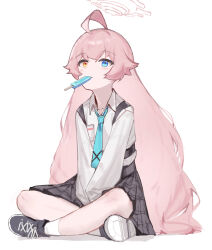 Rule 34 | 1girl, ahoge, black footwear, black socks, blue archive, blue eyes, blue necktie, blush, chinese commentary, closed mouth, collared shirt, commentary request, countryman (artist), eating, food, food in mouth, full body, halo, hetero, highres, hoshino (blue archive), ice cream, indian style, long hair, long sleeves, looking at viewer, mouth hold, necktie, orange eyes, pink hair, pink halo, plaid, plaid skirt, pleated skirt, shirt, shoes, simple background, sitting, skirt, socks, solo, white background, white shirt