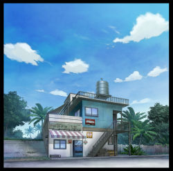 Rule 34 | bench, black border, blue sky, border, cloud, convenience store, crate, day, fence, mituura, no humans, original, outdoors, palm tree, scenery, shop, sky, stairs, translation request, tree, vending machine, water tank, window, wooden fence