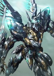 Rule 34 | blue eyes, flying, glowing, glowing eyes, highres, jehuty, looking at viewer, mecha, mechanical wings, no humans, open hand, orbital frame (zone of the enders), paintedmike, robot, science fiction, solo, wings, zone of the enders
