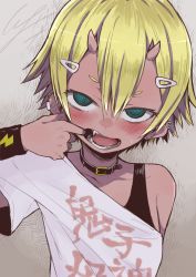 Rule 34 | 1girl, @ @, blonde hair, blush, collar, earrings, fangs, female focus, finger in own mouth, hair ornament, hairclip, horns, io naomichi, jewelry, looking at viewer, mouth pull, oni, oni horns, open mouth, original, short hair, solo, teeth, tongue
