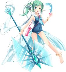 Rule 34 | 1girl, ;d, anklet, axe, barefoot, blue neckerchief, blue one-piece swimsuit, bottle, bracelet, breasts, full body, green hair, hair ornament, hitsuji chronicle, holding, holding axe, jewelry, neckerchief, official art, one-piece swimsuit, one eye closed, open mouth, pointy ears, school swimsuit, school uniform, serafuku, small breasts, smile, solo, swimsuit, syrup (hitsuji chronicle), third-party source, water, water bottle