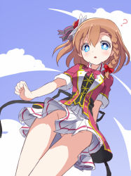 Rule 34 | 10s, 1girl, ?, bare legs, blue eyes, bokura no live kimi to no life, bow, braid, brown hair, clenched hand, cloud, cloudy sky, convenient censoring, day, from below, hair bow, kosaka honoka, looking at viewer, love live!, love live! school idol project, no panties, one side up, ribbon, shipii (jigglypuff), skirt, sky, solo, standing, upskirt