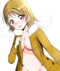 Rule 34 | 10s, 1girl, ankoiri, areola slip, blush, bottomless, breasts, breath, brown hair, coat, highres, koizumi hanayo, large breasts, looking at viewer, love live!, love live! school idol project, naked coat, navel, no bra, out-of-frame censoring, parted lips, purple eyes, short hair, simple background, solo, standing, sweat, white background