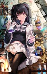 Rule 34 | 1girl, black hair, black pantyhose, black sailor collar, black shirt, blurry, blurry foreground, breasts, closed mouth, commentary request, depth of field, erlenmeyer flask, feet out of frame, flask, hair between eyes, hair ribbon, highres, hirai yuzuki, holding, indoors, lab coat, looking at viewer, open clothes, original, pantyhose, pleated skirt, red eyes, red ribbon, ribbon, sailor collar, school uniform, serafuku, shirt, signature, skirt, small breasts, smile, solo, twintails, vial, white skirt