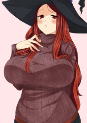 Rule 34 | 1girl, blush, breasts, curvy, dragon&#039;s crown, hat, highres, huge breasts, long hair, red eyes, red hair, simple background, solo, sorceress (dragon&#039;s crown), sweater, turtleneck, upper body, v (thinker473), vanillaware, witch, witch hat