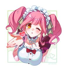 Rule 34 | 1girl, alternate costume, aoi rokushou, apron, artist name, bow, breasts, choker, cleavage, collarbone, enmaided, frilled apron, frilled choker, frills, green ribbon, hair ribbon, heart, highres, looking at viewer, macross, macross delta, maid, maid apron, maid headdress, makina nakajima, medium breasts, medium hair, one eye closed, open hand, parted lips, pink hair, purple choker, red bow, ribbon, solo, twintails