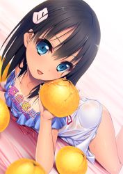 Rule 34 | 1girl, absurdres, ass, black hair, blue eyes, censored, censored by text, clothes lift, copyright name, downblouse, dress, dress lift, flat chest, food, fruit, hair ornament, hairclip, highres, holding, ichikawa noa, looking at viewer, lying, natsuiro mikan: ecchi na shoujo to shitataru nioi, nekodou karin, no bra, no panties, novelty censor, official art, on stomach, open mouth, orange (fruit), see-through, short hair, solo, sundress, tan, tanline, text focus, wet, wet clothes, wet dress, white dress