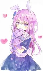 Rule 34 | 1girl, animal ears, bad id, bad pixiv id, blue bow, blue dress, blush, bow, covered mouth, dress, hair between eyes, hair bow, heart, long hair, hugging object, original, pink hair, puffy short sleeves, puffy sleeves, purple eyes, rabbit ears, short sleeves, simple background, solo, stuffed animal, stuffed rabbit, stuffed toy, tsukiyo (skymint), very long hair, white background, white bow