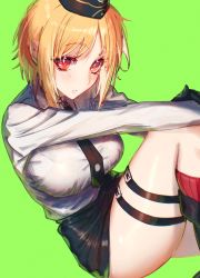 Rule 34 | 1girl, :o, black footwear, black gloves, black hat, black skirt, blonde hair, breasts, collared shirt, girls&#039; frontline, gloves, green background, hand on own knee, hat, highres, impossible clothes, knee up, large breasts, long sleeves, looking at viewer, military hat, mp40 (girls&#039; frontline), murechika, necktie, pencil skirt, red eyes, shirt, short hair, simple background, sitting, skirt, socks, solo, thigh strap, thighs, white shirt