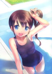 Rule 34 | 1girl, :d, absurdres, blue eyes, brown hair, bunching hair, from above, highres, long hair, looking at viewer, looking up, one-piece swimsuit, open mouth, original, pool, poolside, school swimsuit, side ponytail, smile, solo, swimsuit, takoyaki (roast), water, wet