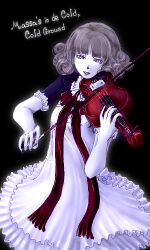 1girl black_background bow bow_(music) bowtie colored_skin commentary_request cowboy_shot curly_hair dress english_text frilled_dress frills grey_hair holding holding_instrument holding_violin instrument looking_at_viewer lowres mr.romance purple_shirt ragnarok_online red_bow red_bowtie red_lips shirt short_hair simple_background smile solo violin violy white_dress white_skin