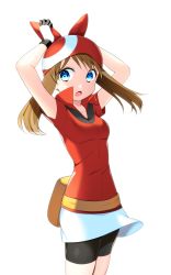 Rule 34 | 1girl, arms up, bad id, bad pixiv id, bandana, bike shorts, black shorts, blue eyes, breasts, brown hair, collared shirt, cowboy shot, creatures (company), floating hair, game freak, hat, highres, long hair, may (pokemon), nintendo, open mouth, overskirt, pencil skirt, pokemon, pokemon rse, red bandana, red hat, red shirt, shirt, short shorts, shorts, shorts under skirt, simple background, skirt, small breasts, solo, standing, twintails, white background, white skirt, yuihico
